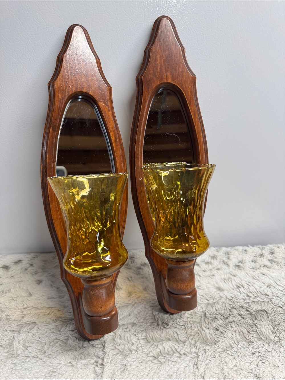 Home Interiors Brown Wooden Wall Mirrors with Teardrop Shape plus candle sconces